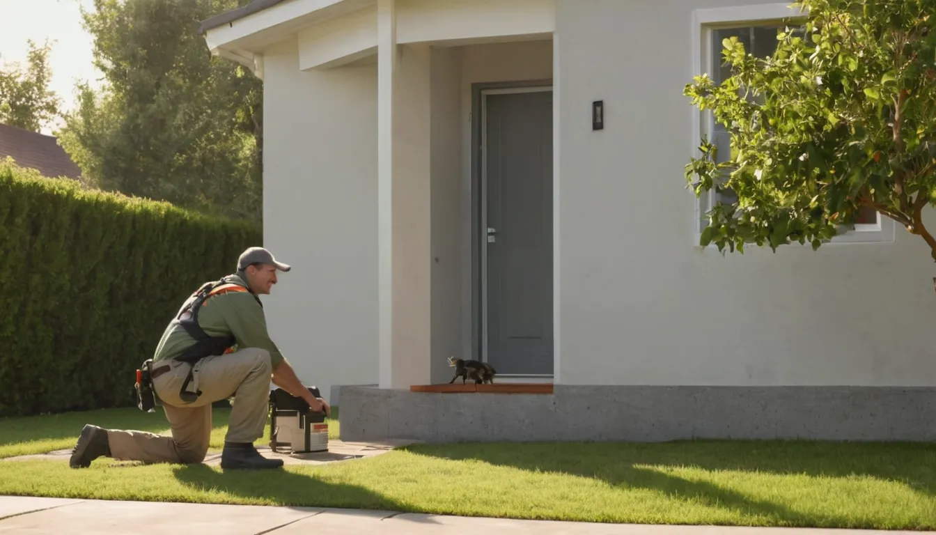 A friendly pest control provider talking with a homeowner at the front door of a house in Yorkville